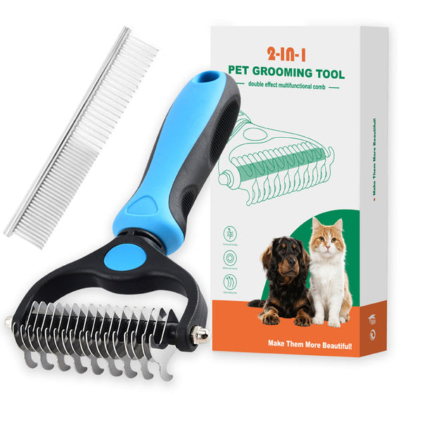 2-in-1 pet grooming detangling comb, blue handle with black body and metal pins