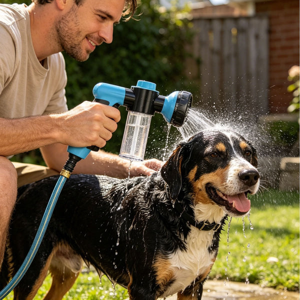 Pet bath sprayer spraying water onto black-and-white dog outdoors