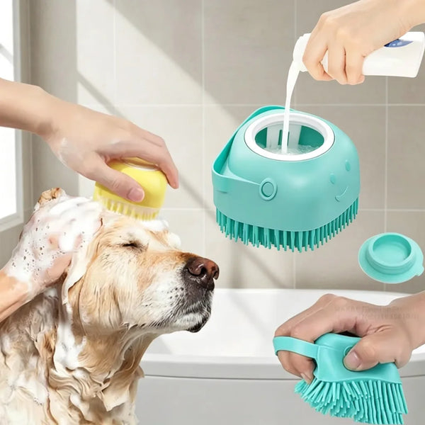 Teal silicone pet bath brush with long soft bristles for dog grooming in the shower