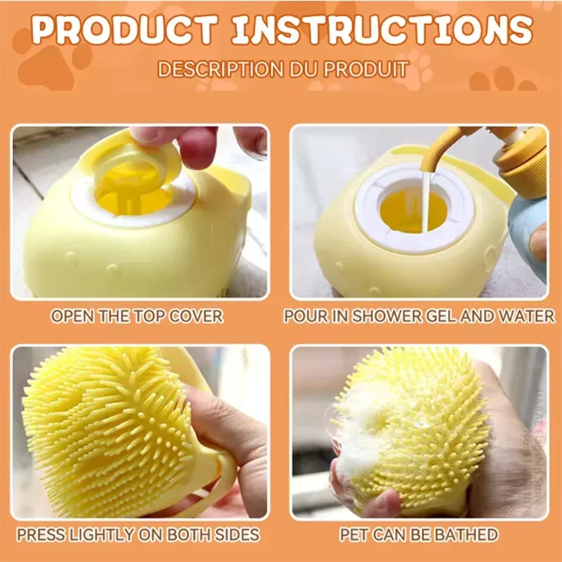 Yellow silicone pet bath brush with instructions-style views of filling and bathing