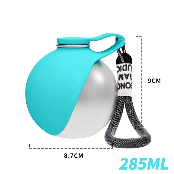 Teal 2-in-1 dog water bottle with handle and leash strap, clear drinking cup
