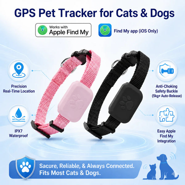 Pet GPS tracker collars with pink and black fabric straps and black tracker modules