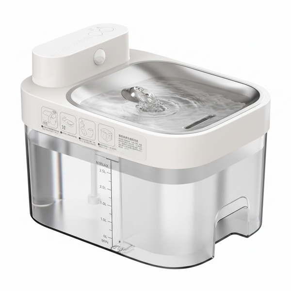 White smart cat water fountain with flowing stream and front level markings