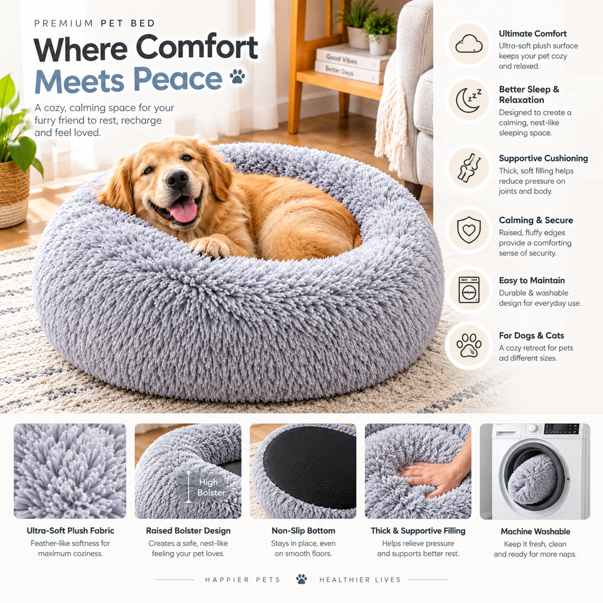 Gray round plush dog bed with raised bolster rim; cozy pet mat with dog resting.
