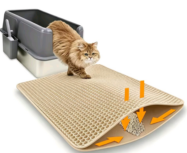 Double-layer honeycomb cat litter mat with beige textured top and non-slip base