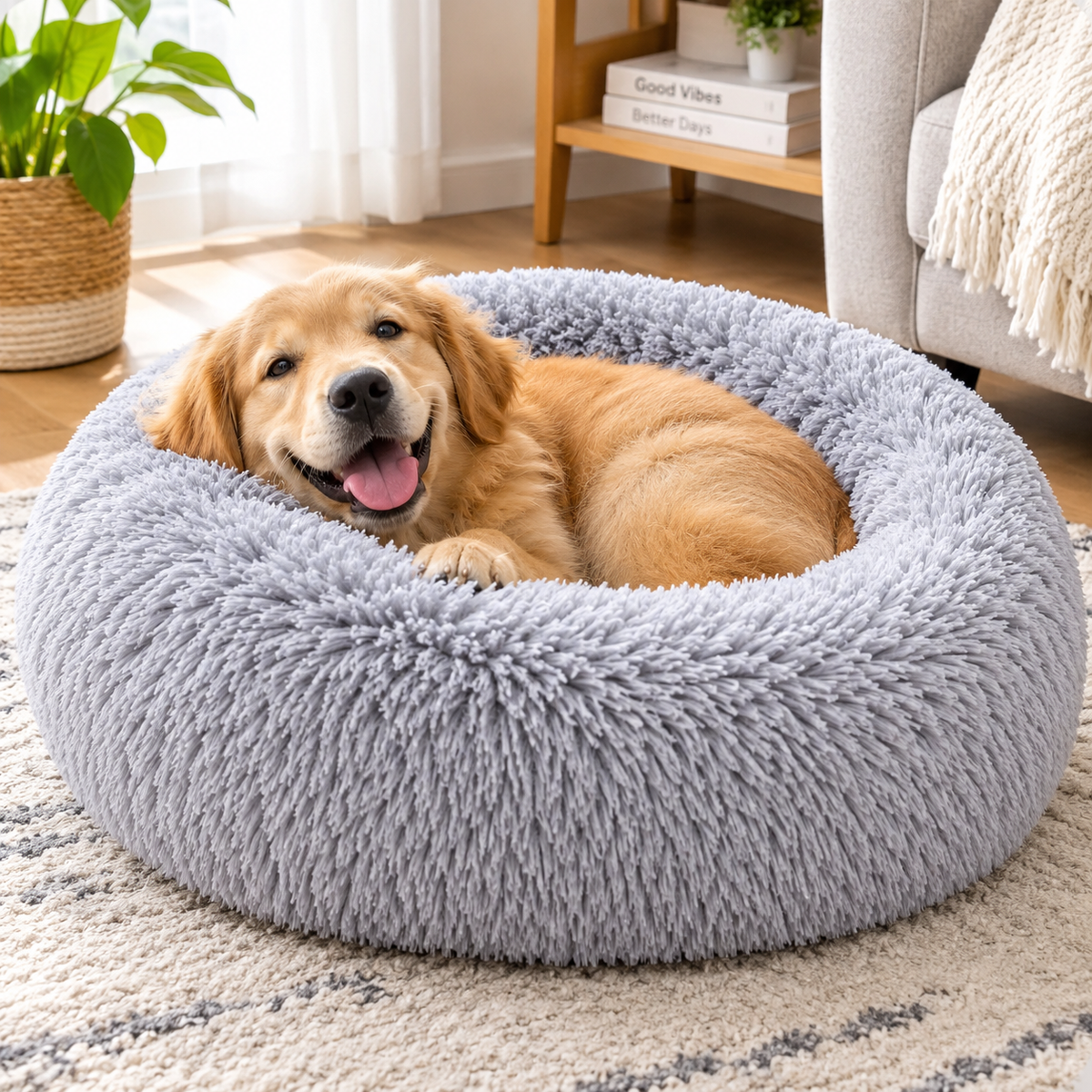 Round plush pet bed in light blue-gray with a resting dog in the center